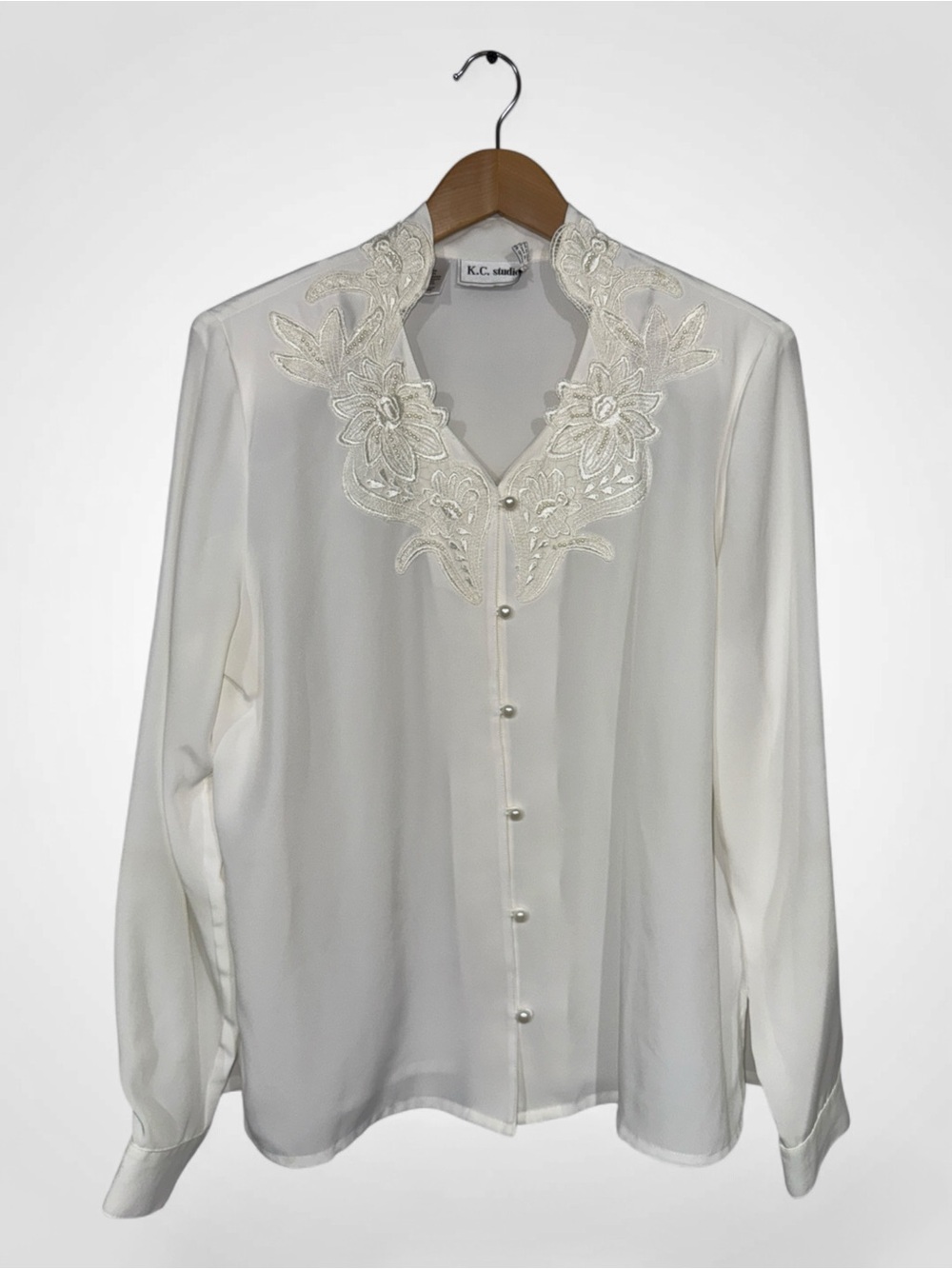 WSH80 {K.C. Studio} Ivory Lace Pearl Collar Long Sleeve Blouse Top Shirt